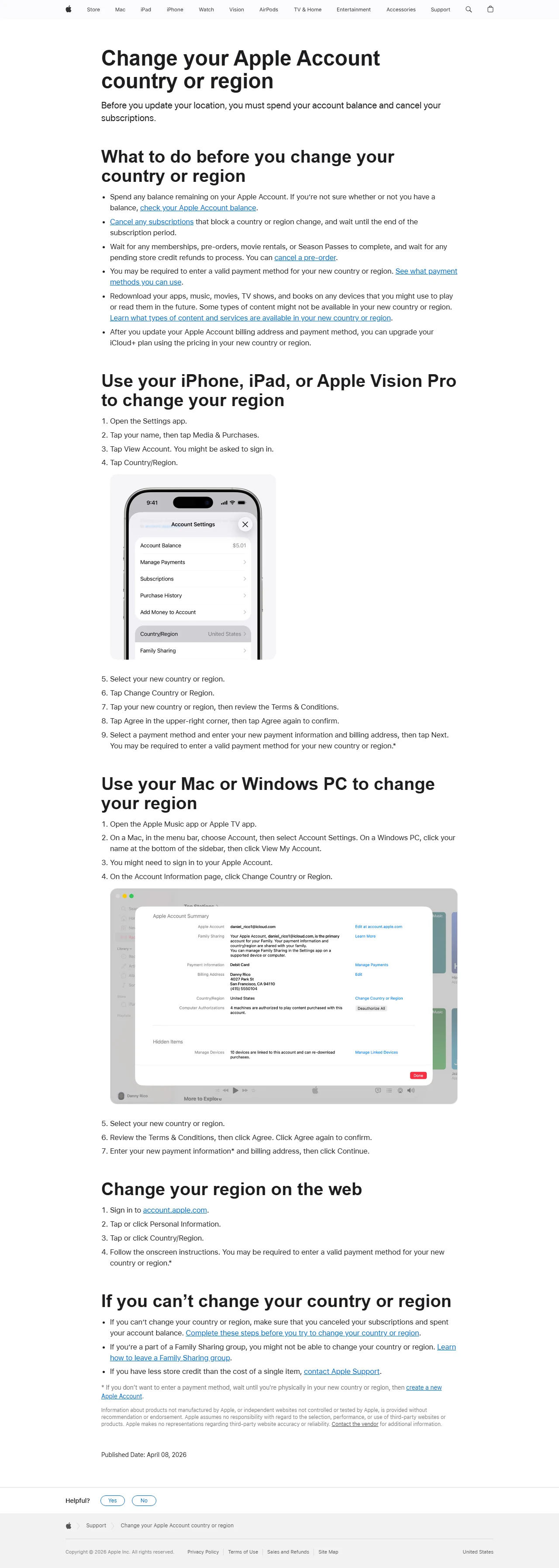 Apple Account өлкөсүн өзгөртүүгө чейинки талаптар көрсөтүлгөн Apple расмий жардам барагы