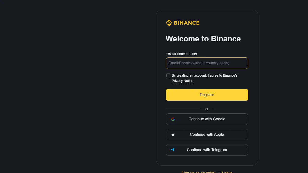 Binance аккаунтун email, телефон, Google, Apple же Telegram менен ачуу