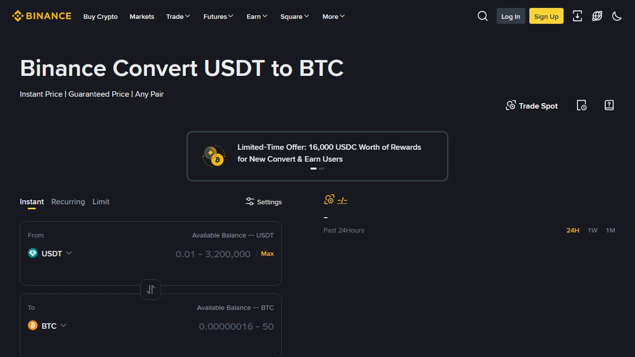 Binance Convert'тин ачык USDTтен BTCге өткөрүү формасы, 2026-жылдын 15-августунда тартылган